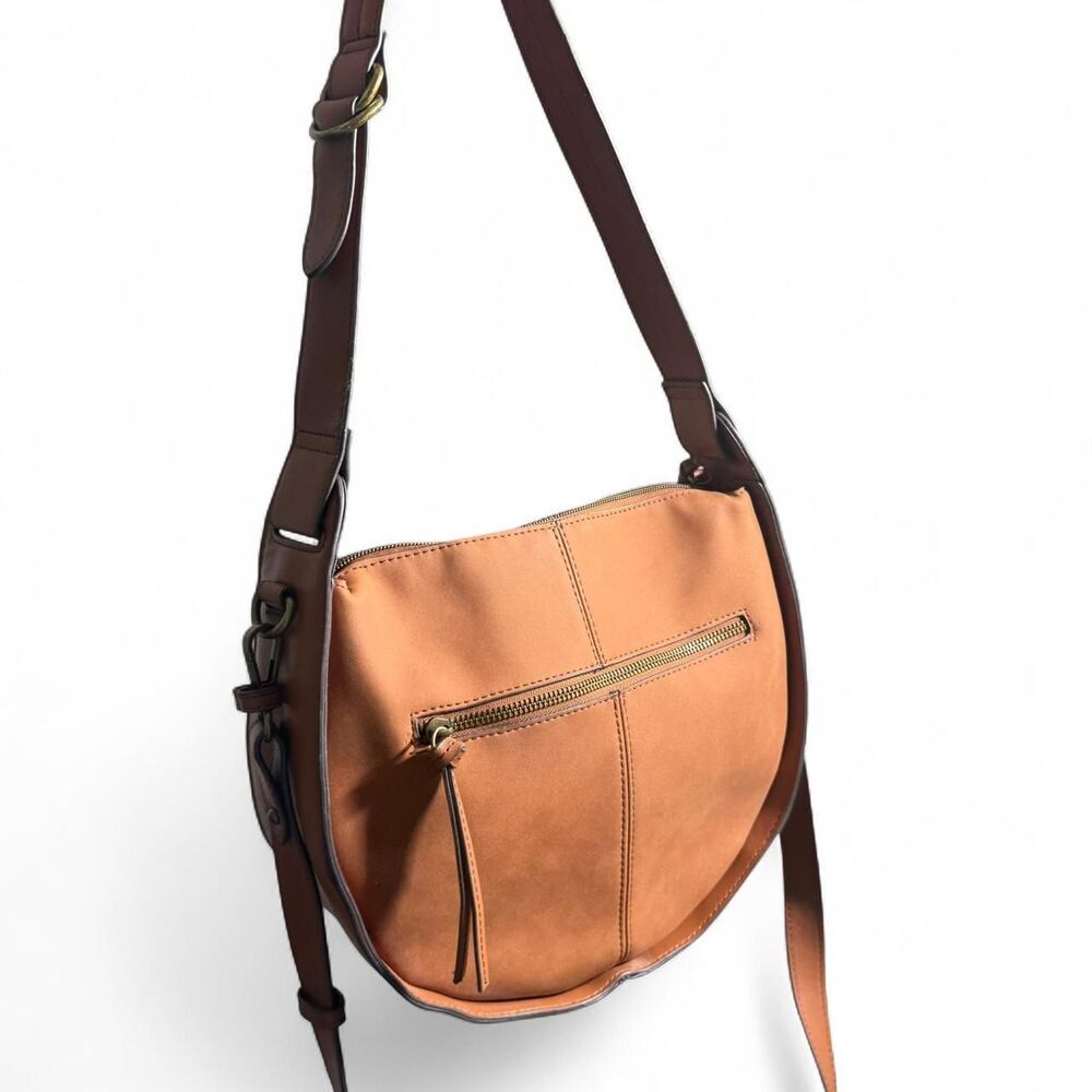 Tan leather crossbody bag with gold hardware - Suede Faux Leather, Like NEW - Picture 3 of 8